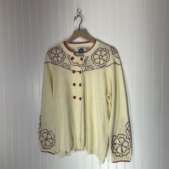 Storybook Knits NWT 1X Beaded Cardigan Yellow Red Embroidered Cottagecore HSN - Picture 1 of 10